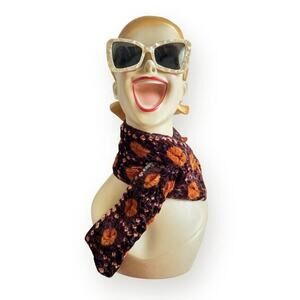 Block Print Reversible Velvet Vintage Pull Through Scarf Orange Mauve Brown 28”